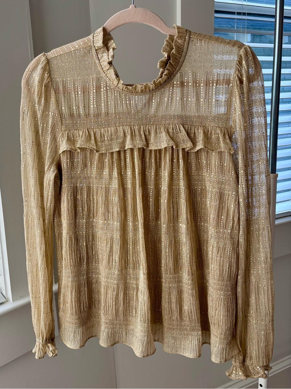 Anthropologie Eri + Ali Gold Metallic Smocked Ruffle Blouse NWOT Medium